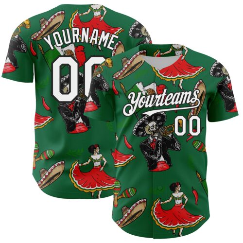 Custom Kelly Green White-Black 3D Mexican Festival Skull Cinco de Mayo Authentic Baseball Jersey
