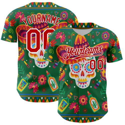 Custom Kelly Green Red-White 3D Mexican Festival Flower Skull With Sombrero Cinco de Mayo Authentic Baseball Jersey