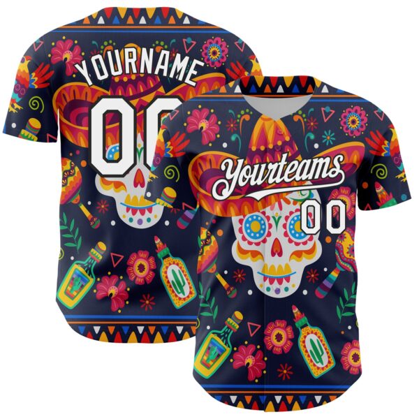 Custom Navy White-Black 3D Mexican Festival Flower Skull With Sombrero Cinco de Mayo Authentic Baseball Jersey