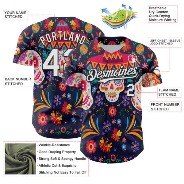 Custom Navy White-Black 3D Mexican Festival Flower Skull With Sombrero Cinco de Mayo Authentic Baseball Jersey