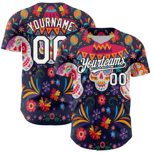 Custom Navy White-Black 3D Mexican Festival Flower Skull With Sombrero Cinco de Mayo Authentic Baseball Jersey