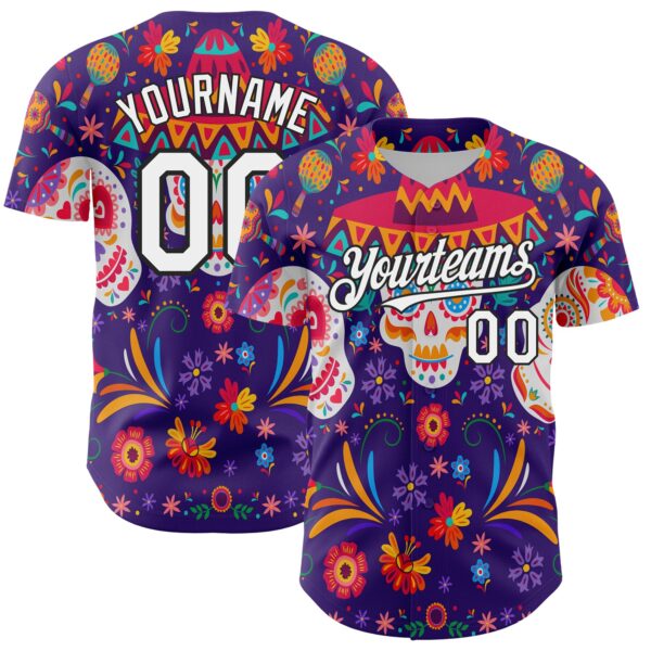 Custom Purple White-Black 3D Mexican Festival Flower Skull With Sombrero Cinco de Mayo Authentic Baseball Jersey