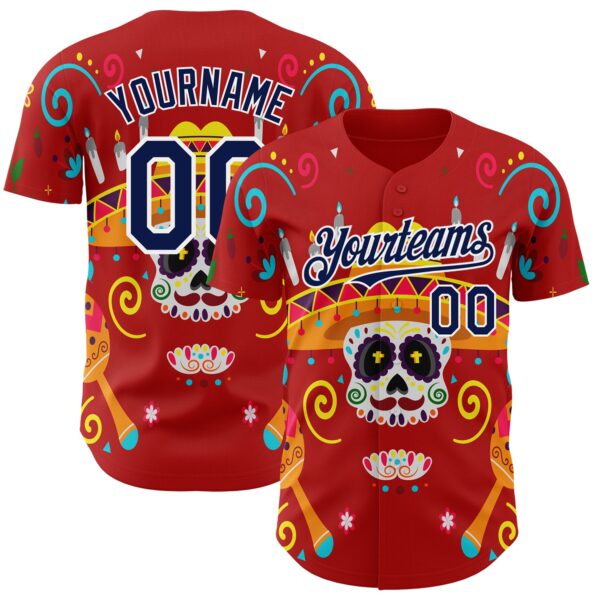 Custom Red Navy-White 3D Mexican Festival Flower And Skull Sombrero Cinco de Mayo Authentic Baseball Jersey