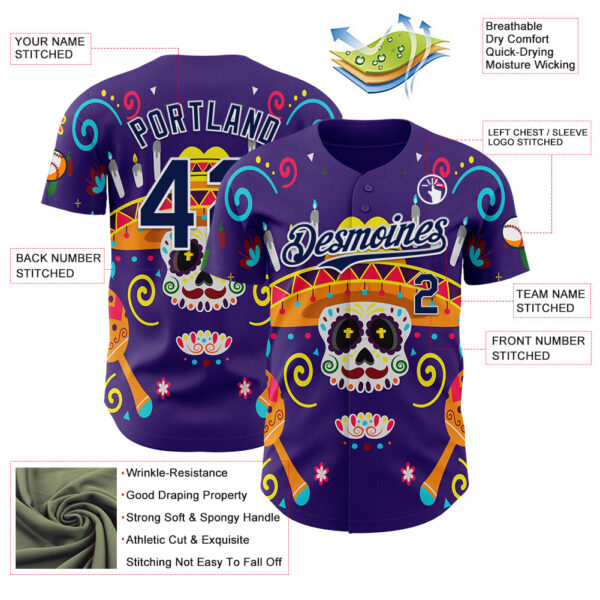 Custom Purple Navy-White 3D Mexican Festival Flower Skull With Sombrero Cinco de Mayo Authentic Baseball Jersey