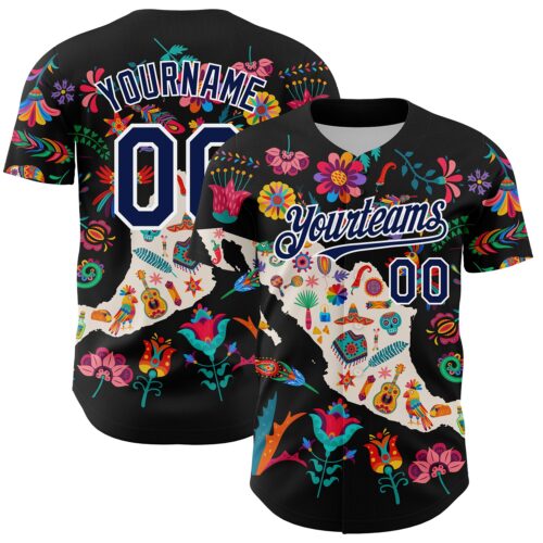 3DPattern6883_2dfebef7-b252-4e17-8edf-212211e80f4c Custom Black Navy-White 3D Mexico Map With Tropical Plant And Animal Authentic Baseball Jersey