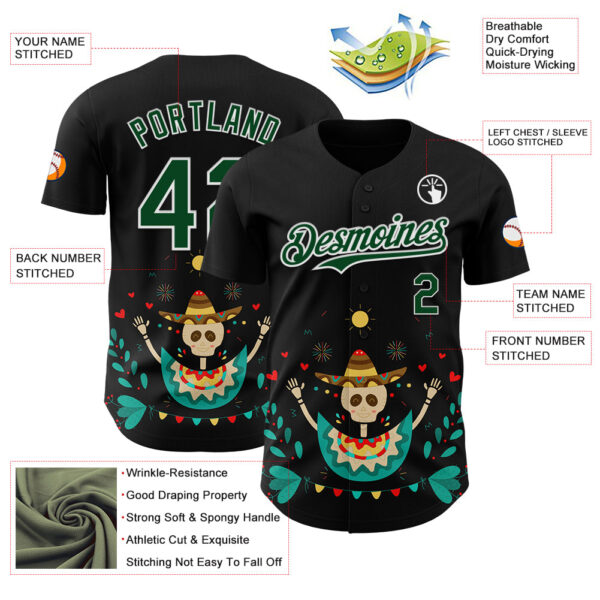 Custom Black Green-White 3D Mexican Festival Flower Skull With Sombrero Cinco de Mayo Authentic Baseball Jersey