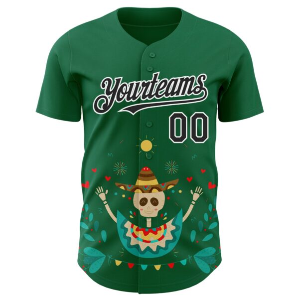 Custom Kelly Green Black-White 3D Mexican Festival Flower Skull With Sombrero Cinco de Mayo Authentic Baseball Jersey