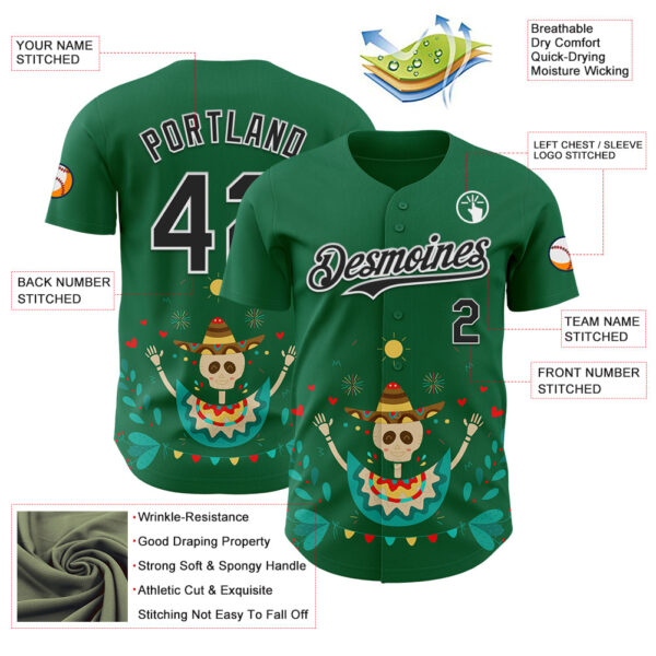 Custom Kelly Green Black-White 3D Mexican Festival Flower Skull With Sombrero Cinco de Mayo Authentic Baseball Jersey