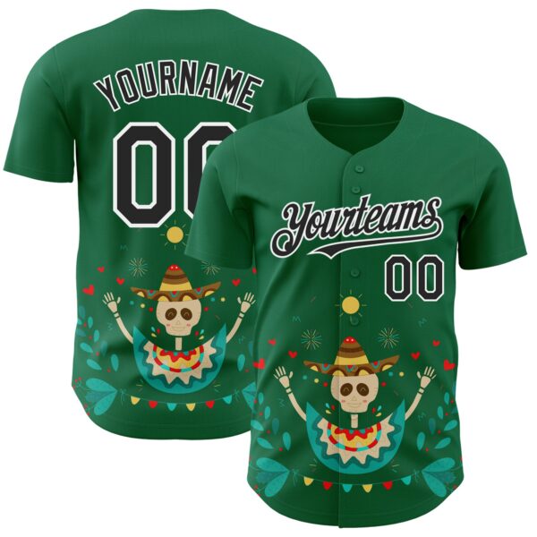Custom Kelly Green Black-White 3D Mexican Festival Flower Skull With Sombrero Cinco de Mayo Authentic Baseball Jersey