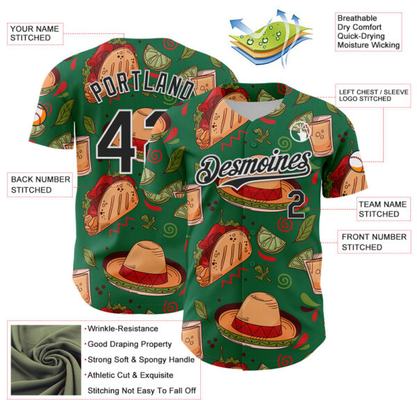 Custom Kelly Green Black-White 3D Mexican Festival Tacos And Sombrero Cinco de Mayo Authentic Baseball Jersey