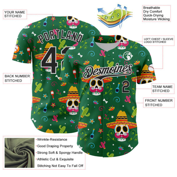 Custom Kelly Green Black-White 3D Mexican Festival Flower Skull With Sombrero Cinco de Mayo Authentic Baseball Jersey