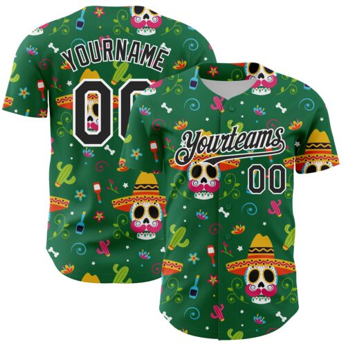 Custom Kelly Green Black-White 3D Mexican Festival Flower Skull With Sombrero Cinco de Mayo Authentic Baseball Jersey