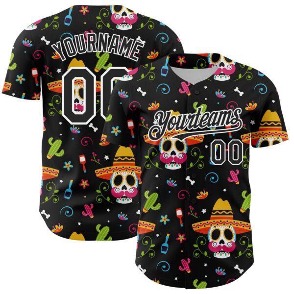 Custom Black White 3D Mexican Festival Flower Skull With Sombrero Cinco de Mayo Authentic Baseball Jersey