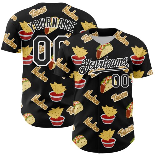 Custom Black White 3D Mexican Festival Nachos And Tacos Cinco de Mayo Authentic Baseball Jersey