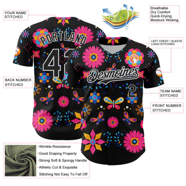 Custom Black White 3D Mexican Festival Flower Cinco de Mayo Authentic Baseball Jersey