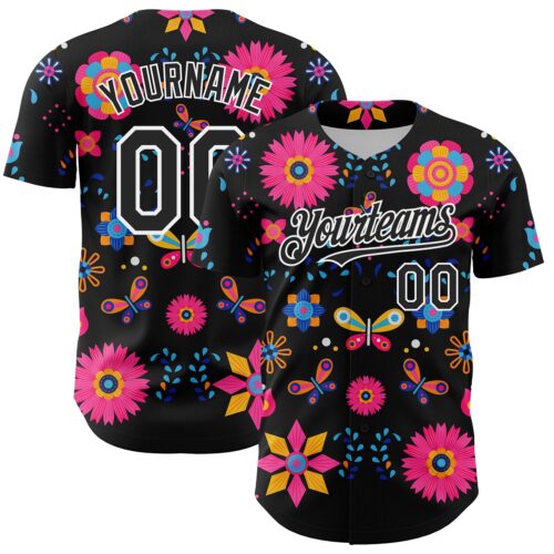 3DPattern6895_28e2b127-2d14-44ed-b3eb-c6d5a373b0d6 Custom Black White 3D Mexican Festival Flower Cinco de Mayo Authentic Baseball Jersey