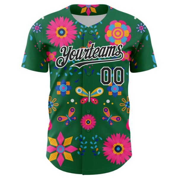 Custom Kelly Green Black-White 3D Mexican Festival Flower Cinco de Mayo Authentic Baseball Jersey