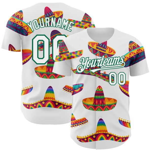Custom White Kelly Green 3D Mexican Festival Sombrero Cinco de Mayo Authentic Baseball Jersey