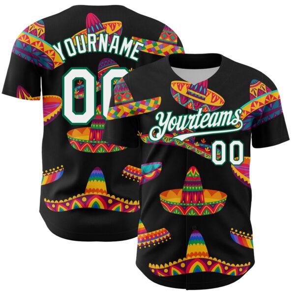 Custom Black White-Kelly Green 3D Mexican Festival Sombrero Cinco de Mayo Authentic Baseball Jersey