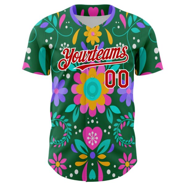 Custom Kelly Green Red-White 3D Mexican Festival Flower Cinco de Mayo Authentic Baseball Jersey
