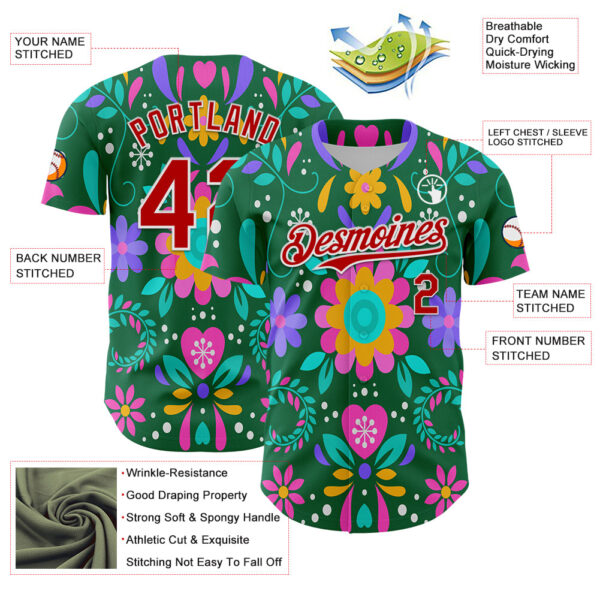 Custom Kelly Green Red-White 3D Mexican Festival Flower Cinco de Mayo Authentic Baseball Jersey