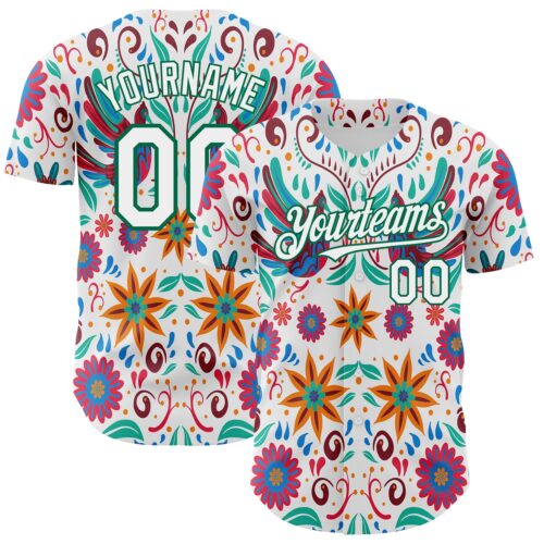 3DPattern6903_f5978ba4-9e53-4582-b3b9-68fb062f5bdc Custom White Kelly Green 3D Mexican Festival Flower Cinco de Mayo Authentic Baseball Jersey