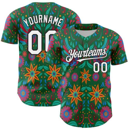 Custom Kelly Green White-Black 3D Mexican Festival Flower Cinco de Mayo Authentic Baseball Jersey