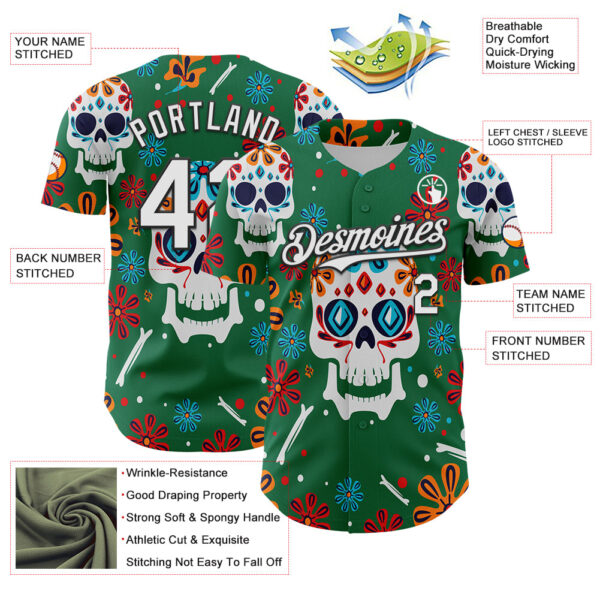 Custom Kelly Green White-Black 3D Mexican Festival Flower And Skull Cinco de Mayo Authentic Baseball Jersey