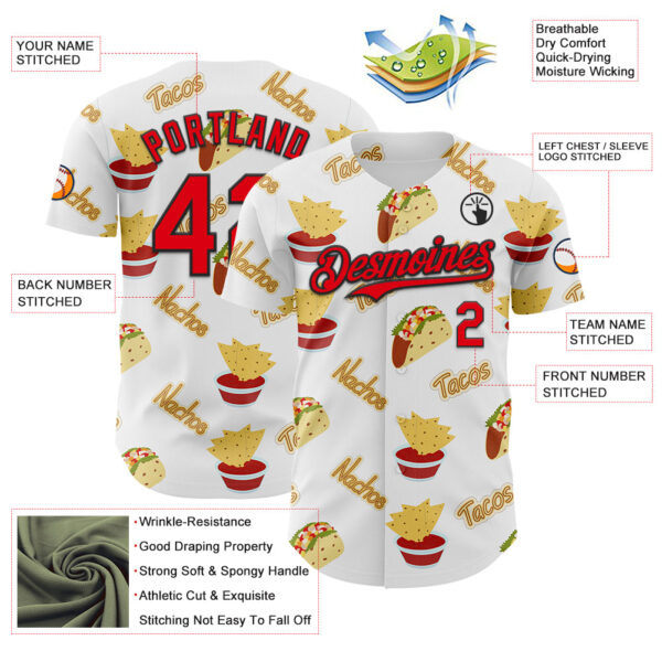 Custom White Fire Red-Black 3D Mexican Festival Taco Cinco de Mayo Authentic Baseball Jersey