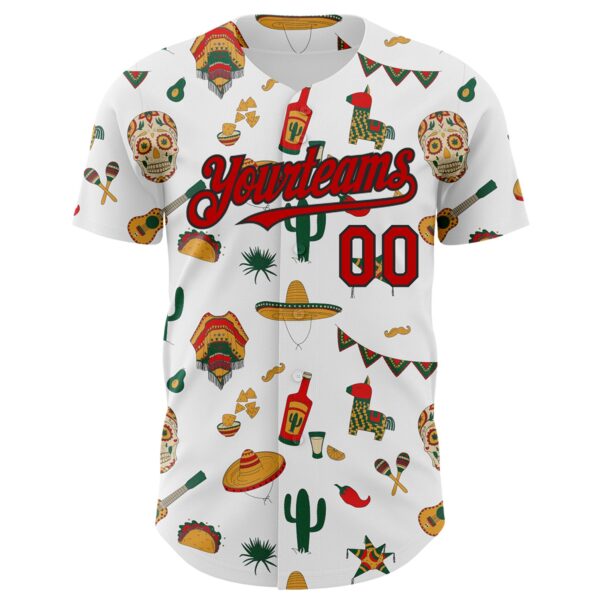 Custom White Red-Black 3D Mexican Festival Cactus Skull Sombrero Cinco de Mayo Authentic Baseball Jersey