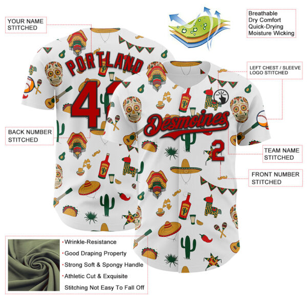 Custom White Red-Black 3D Mexican Festival Cactus Skull Sombrero Cinco de Mayo Authentic Baseball Jersey