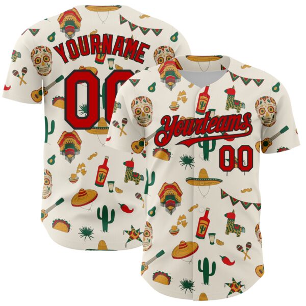 Custom Cream Red-Black 3D Mexican Festival Cactus Skull Sombrero Cinco de Mayo Authentic Baseball Jersey