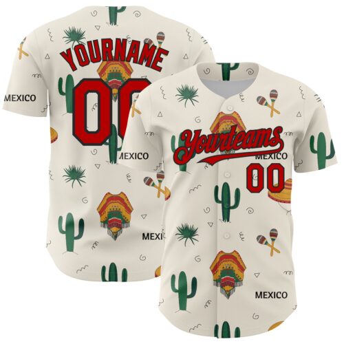 Custom Cream Red-Black 3D Mexican Festival Cactus And Sombrero Cinco de Mayo Authentic Baseball Jersey