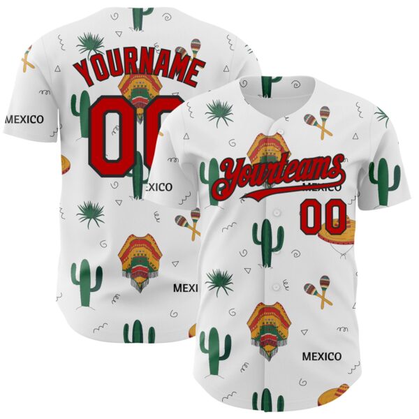 Custom White Red-Black 3D Mexican Festival Cactus And Sombrero Cinco de Mayo Authentic Baseball Jersey