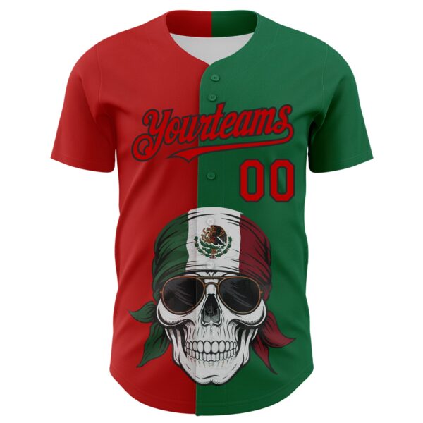 Custom Green Red-Black 3D Mexican Flag Skull Authentic Baseball Jersey