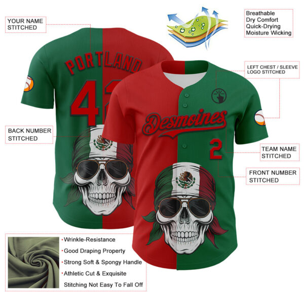 Custom Green Red-Black 3D Mexican Flag Skull Authentic Baseball Jersey