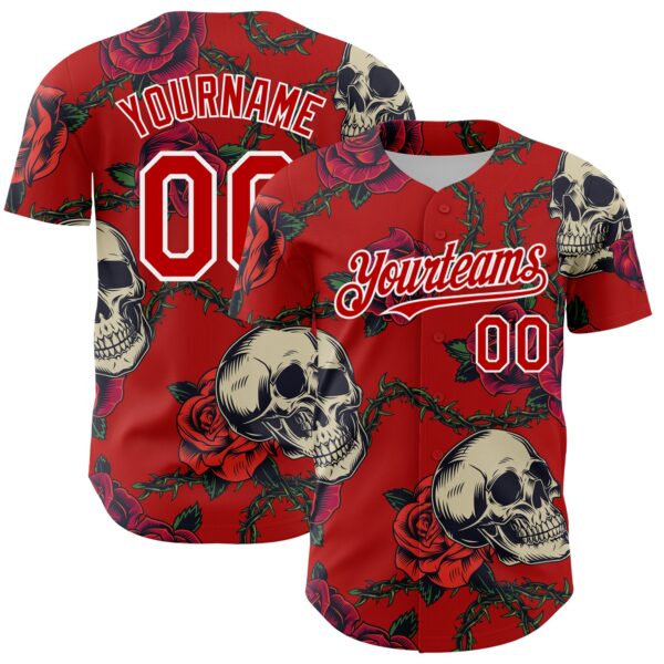 Custom Red White 3D Mexican Festival Skull And Flower Cinco de Mayo Authentic Baseball Jersey