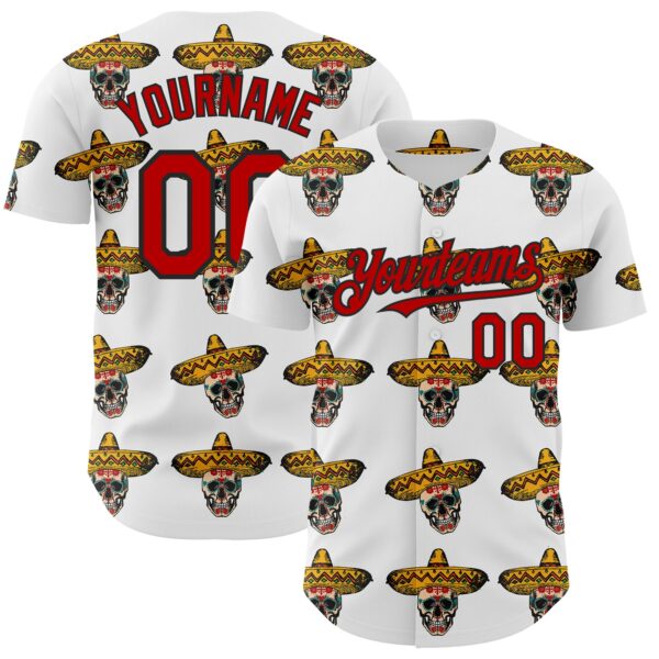 Custom White Red-Black 3D Mexican Festival Skull With Sombrero Cinco de Mayo Authentic Baseball Jersey