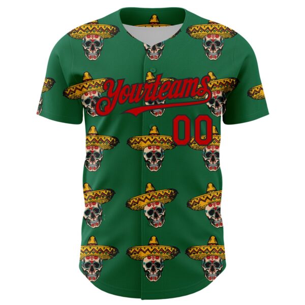 Custom Kelly Green Red-Black 3D Mexican Festival Skull With Sombrero Cinco de Mayo Authentic Baseball Jersey
