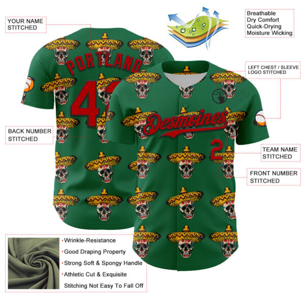 Custom Kelly Green Red-Black 3D Mexican Festival Skull With Sombrero Cinco de Mayo Authentic Baseball Jersey