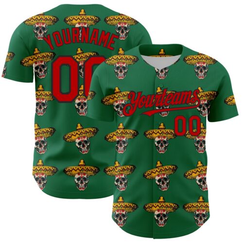 Custom Kelly Green Red-Black 3D Mexican Festival Skull With Sombrero Cinco de Mayo Authentic Baseball Jersey