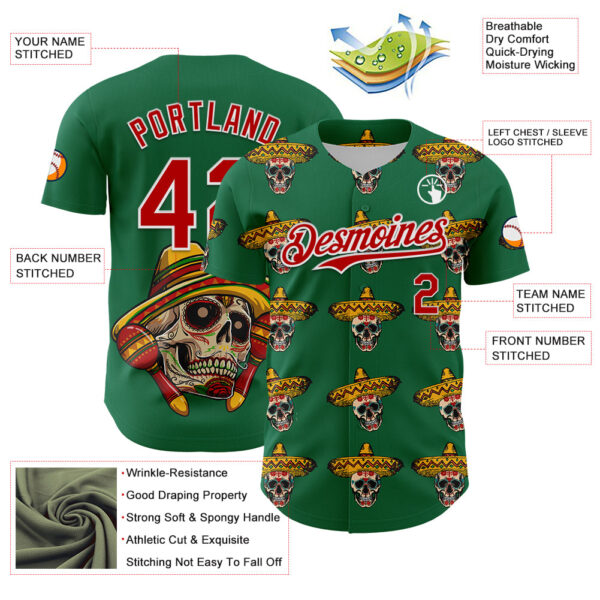 Custom Kelly Green Red-White 3D Mexican Festival Skull With Sombrero Cinco de Mayo Authentic Baseball Jersey