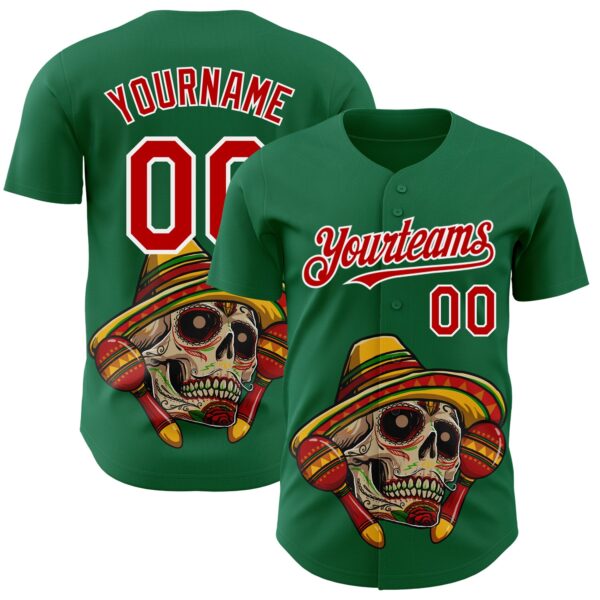 Custom Kelly Green Red-White 3D Mexican Festival Skull With Sombrero Cinco de Mayo Authentic Baseball Jersey