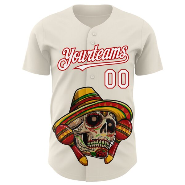 Custom Cream White-Red 3D Mexican Festival Skull With Sombrero Cinco de Mayo Authentic Baseball Jersey