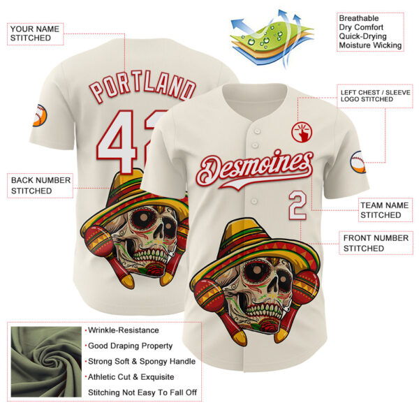 Custom Cream White-Red 3D Mexican Festival Skull With Sombrero Cinco de Mayo Authentic Baseball Jersey