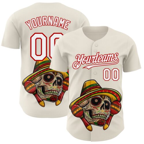 Custom Cream White-Red 3D Mexican Festival Skull With Sombrero Cinco de Mayo Authentic Baseball Jersey