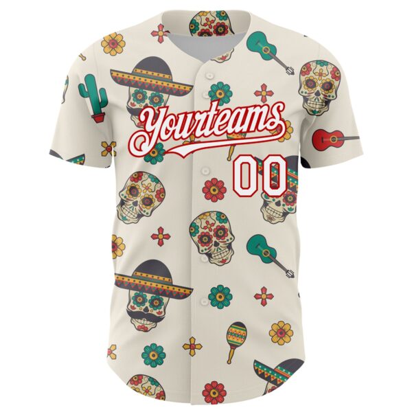 Custom Cream White-Red 3D Mexican Festival Cactus Skull With Sombrero Cinco de Mayo Authentic Baseball Jersey