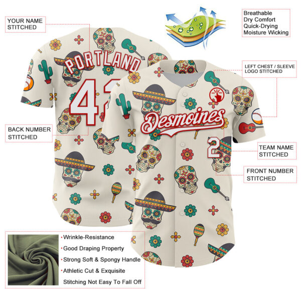 Custom Cream White-Red 3D Mexican Festival Cactus Skull With Sombrero Cinco de Mayo Authentic Baseball Jersey
