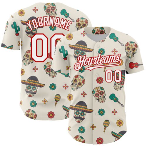 Custom Cream White-Red 3D Mexican Festival Cactus Skull With Sombrero Cinco de Mayo Authentic Baseball Jersey