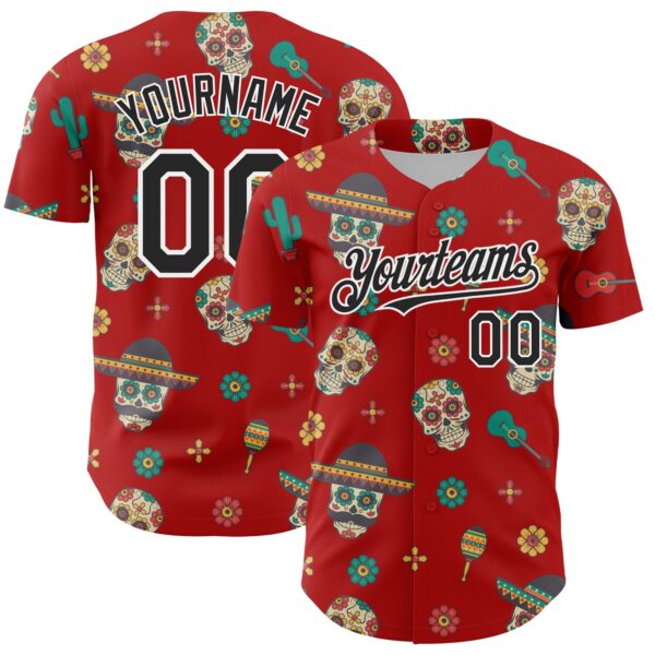 Custom Red Black-White 3D Mexican Festival Cactus Skull With Sombrero Cinco de Mayo Authentic Baseball Jersey